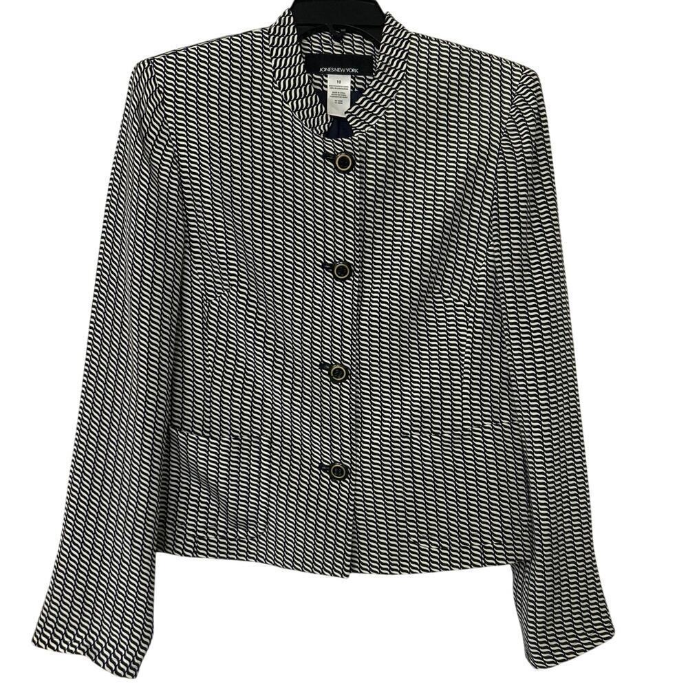 Jones New York 100% Silk Dark Navy Blue Geometric Print Flat Collar Blazer 10